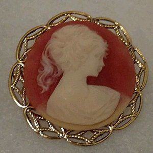 Round Salmon Cameo Silhouette Brooch Pin 1960's